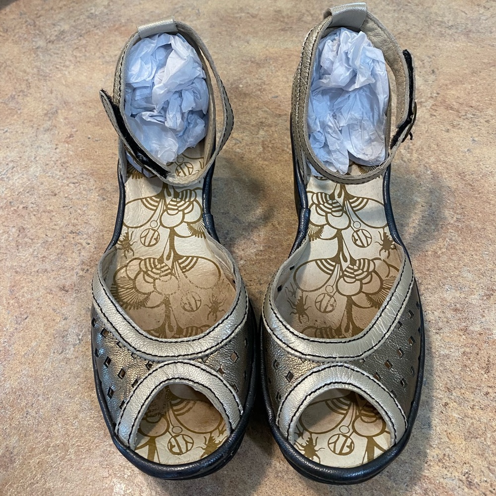 Fly London Silver Wedge Shoes with Ornate Cutouts - Picture 2 of 7